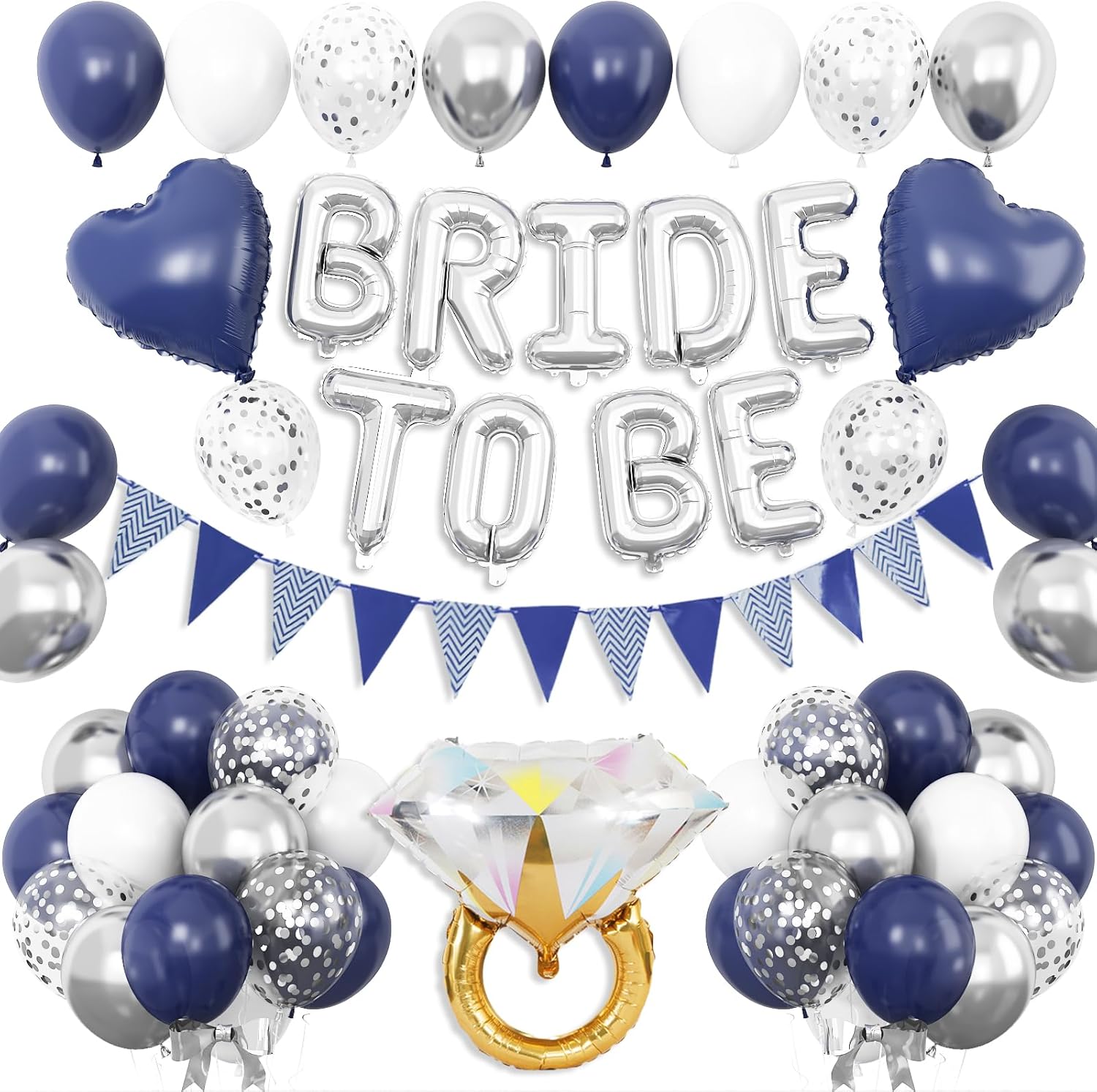 Blue Silver Bachelorette Party Decorations, Silver Bride To Be Bridal Shower Balloons Decoration, Navy Blue White Silver Balloon and Diamond Ring Blue Heart Balloon for Bachelorette Engagement Wedding