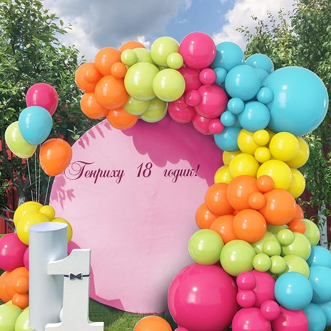Rainbow Neon Balloon Arch Kit, Colorful Balloons Arch Hot Pink Fruit Green Teal Orange Yellow Assorted Color Latex Balloons Kit for Summer Pool Tropical Theme Carnival Kids Birthday Party Decorations