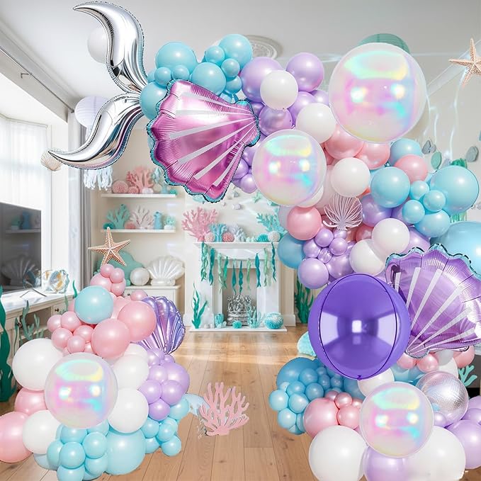 Mermaid Balloon Garland Arch Set, Purple Teal Blue Pink Clear Latex Balloons with 22'' 4D Iridescent Round Foil Balloons, Seashell Foil Balloon for Kids Birthdays Under the Sea Party Pack of 126
