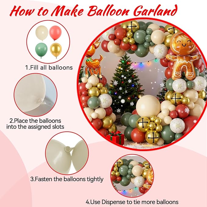 Christmas Balloon Arch Kit, Green Retro Pink Orange Sage Green Metallic Gold Balloons with Santa Candy Lollipop Foil Balloons for Christmas Party Xmas Eve New Year Holiday Party Decorations