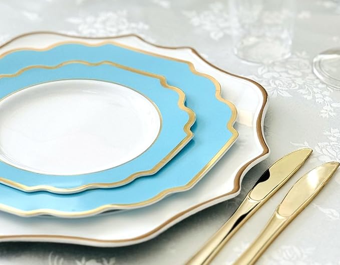 " OCCASIONS " 120 Plates Pack,(60 Guests) Heavyweight Wedding Party Disposable Plastic Plates -60 x 10.5'' Dinner + 60 x 8'' Salad/Dessert Plate (Imperial Aqua/Gold))