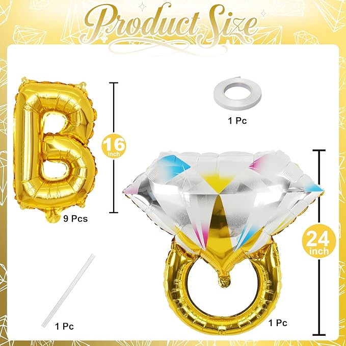 Bachelorette Party Decorations, Gold Bride To Be Bridal Shower Letter Balloons Banner with Engagement Diamond Ring Mylar Foil Balloon for Wedding Photo Booth Hen Night Room Party Decor