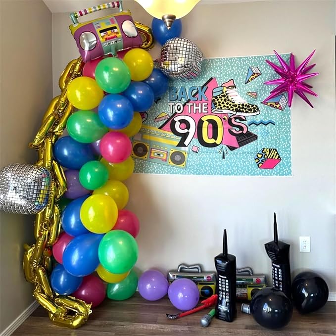 80s 90s Theme Birthday Party Decorations for Adult, Retro Neon Balloon Arch Garland Kit with Disco Ball Boombox Guitar Microphone Foil Balloons for Back to 80s 90s Hip Hop Freaknik Party Supplies