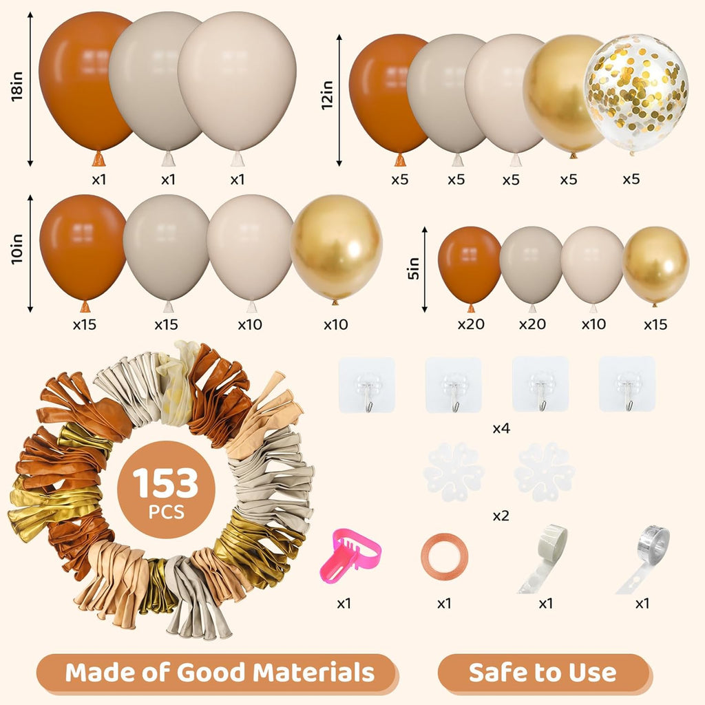 Amandir 153pcs Burnt Orange Balloon Garland Arch Kit, Different Sizes 18 12 10 5inch White Sand Nude Latex Metallic Gold Confetti Thanksgiving Fall Balloons for Baby Shower Birthday Party Decorations