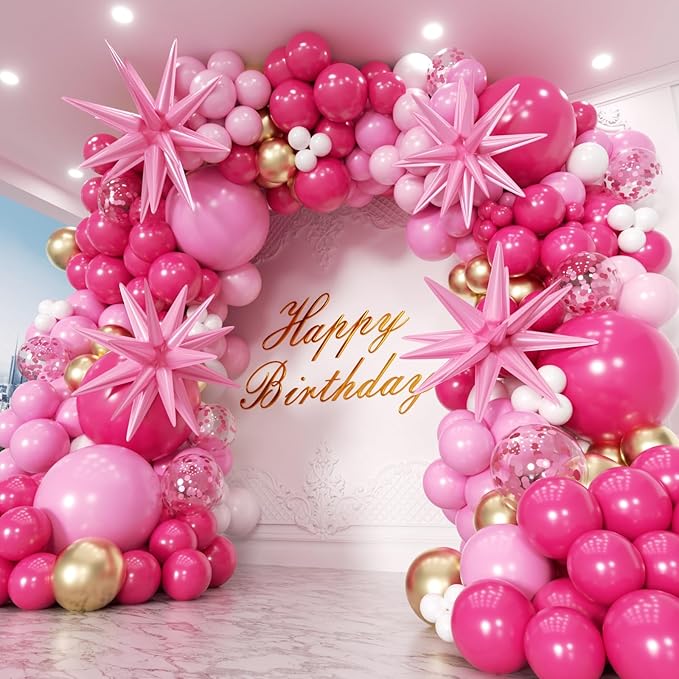 Hot Pink Balloons Garland Arch Kit 180pcs with Star - 22 18 12 10 5in Different Size Shades of Pink White and Gold Balloons for Valentine's Day Birthday Baby Shower Wedding Party Decorations