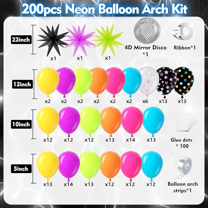 200Pcs Neon Balloons Arch Garland Kit with Glow in the Dark Balloons, Neon Balloons Arch Kit for Back to 80s 90s DISCO Birthday Party Decorations, Let's Glow Party, Rock Roll Party Supplies