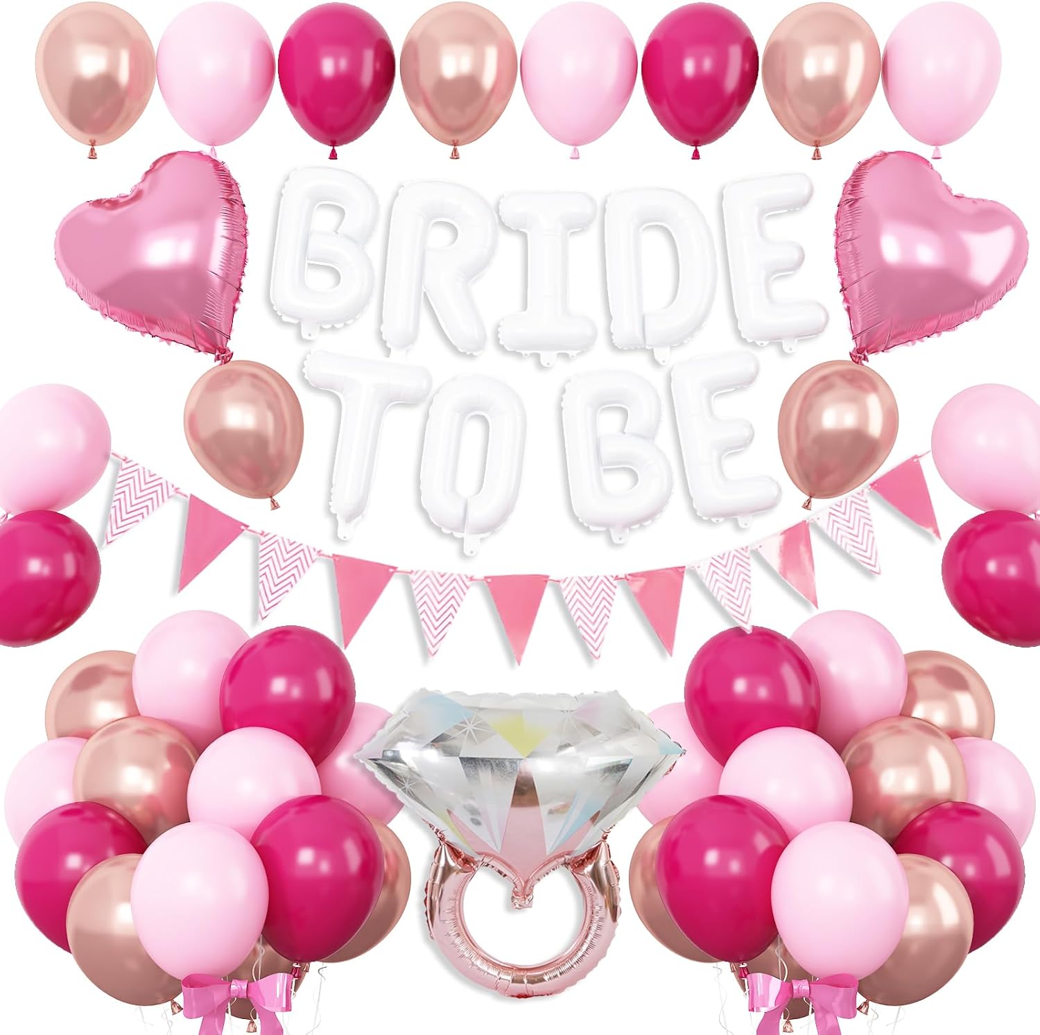 Pink White Bachelorette Party Decorations, White Bride To Be Bridal Shower Balloons Decorations, Hot Pink Rose Gold Balloons with Diamond Ring Cream Heart Balloons for Bachelorette Engagement Wedding