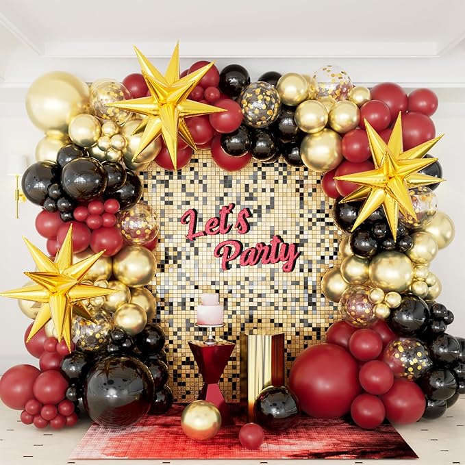 DBKL Burgundy Balloon Arch Garland Kit with Burgundy Black Metallic Gold Confetti Balloons for Class of 2025 Birthday Graduation Party Decorations