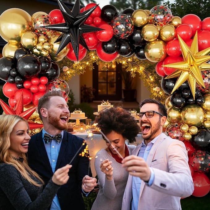 DBKL Red Black Gold Balloons Garland Arch Kit with Red Black and Gold Confetti Explosion Star Balloons for Graduation Birthday Casino Night Hollywood New Years Party Decorations