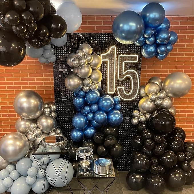 Metallic Blue and Black Balloons Arch Garland Kit, 118PCS Baby Light Blue Metallic Silver Latex Balloon for Birthday Bride Baby Shower Gender Reveal Graduation Wedding Party Decorations Supplies