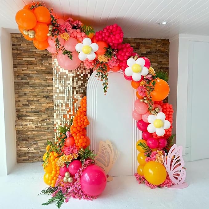 Boho Daisy Balloons Arch Kit, 142Pcs Hot Pink and Orange Balloons Garland Kit 12 10 5 Inch Pink Orange Yellow Latex Balloons for Boho Girls Women Birthday Baby Shower Wedding Party Decoration