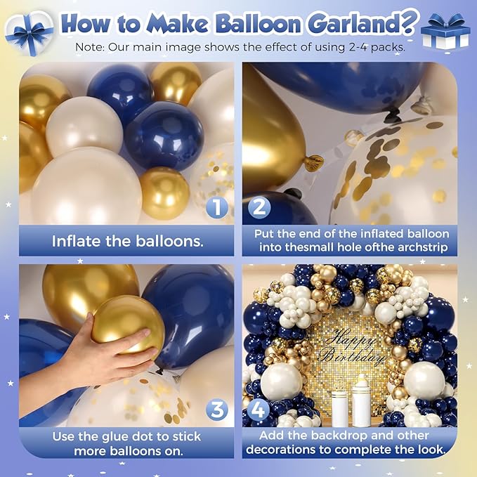 Navy Blue Gold Balloon Arch Garland Kit 153pcs, Double Stuffed Pearl White Royal Blue Chrome Gold Confetti Balloons for Birthday Graduation Baby Shower New Year Bridal Wedding Party Decoration