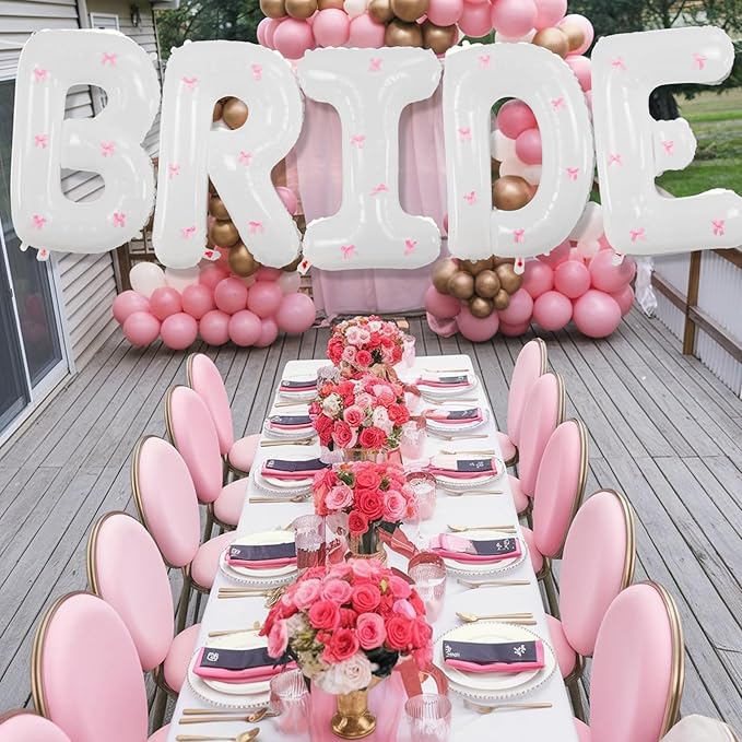40Inch White BRIDE Balloon + Pink Bows for Bachelorette Party Decorations, Large BRIDE Mylar Foil Letter Balloons, Bride To Be Banner for Bridal Shower Photo Booth Engagement Wedding Hen Party Decor