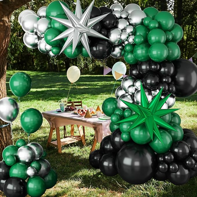 Black and Green Silver Balloon Arch Kit with Explosion Star Balloons, 105pcs Emerald Forst Green and Chrome Metallic Silver Balloons Garland for Wedding Birthday Football Graduation Party Decorations