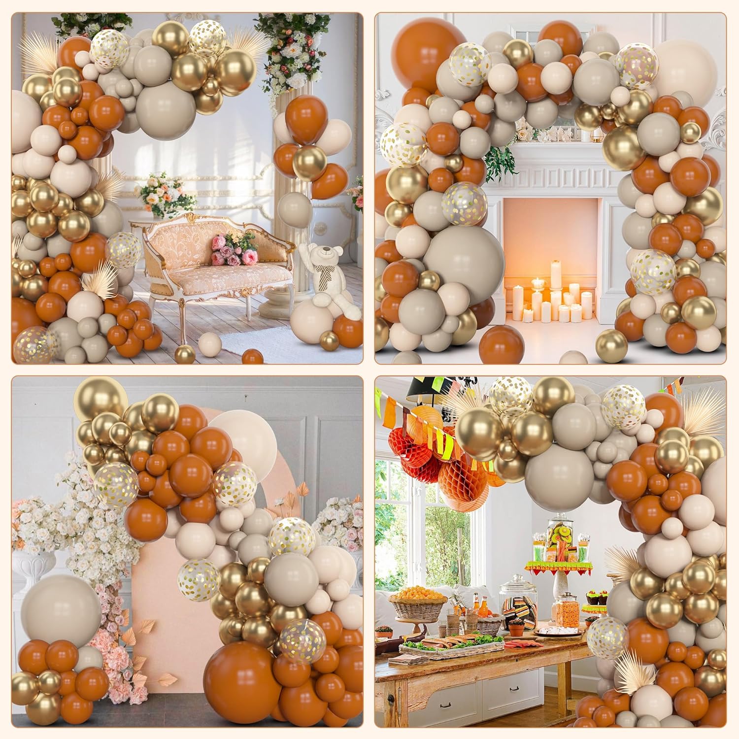 Amandir 153pcs Burnt Orange Balloon Garland Arch Kit, Different Sizes 18 12 10 5inch White Sand Nude Latex Metallic Gold Confetti Thanksgiving Fall Balloons for Baby Shower Birthday Party Decorations