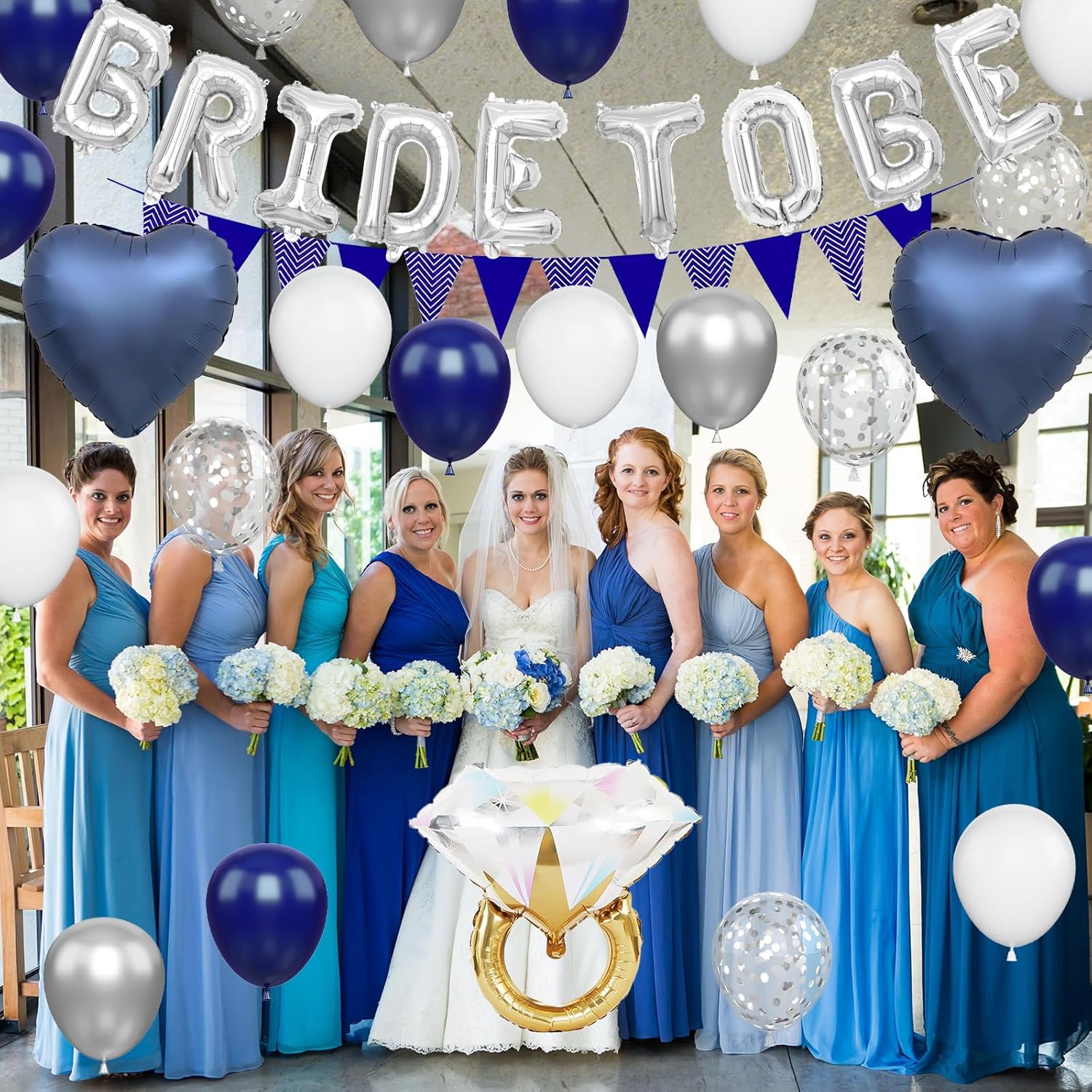 Blue Silver Bachelorette Party Decorations, Silver Bride To Be Bridal Shower Balloons Decoration, Navy Blue White Silver Balloon and Diamond Ring Blue Heart Balloon for Bachelorette Engagement Wedding