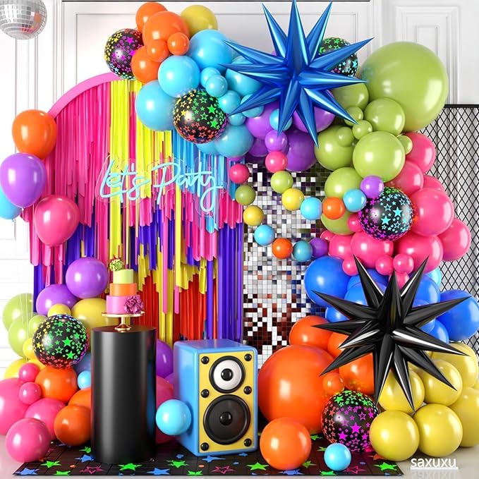 Neon Balloon Arch Kit, 122Pcs Bright Orange Green Blue Hot Pink Yellow Purple Black Rainbow Balloons with Foil Star Balloons for 80s 90s Neon Party Rainbow Birthday Decorations Disco Party Backdrop