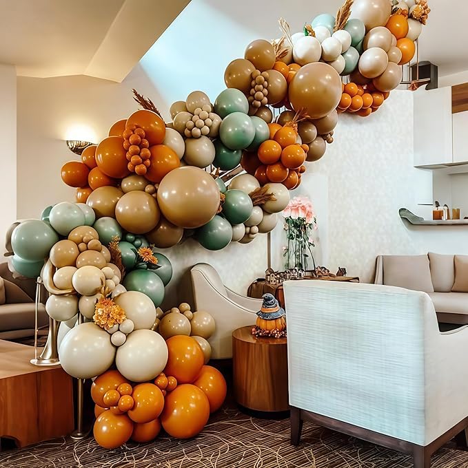 124pcs Fall Balloon Arch Kit, Thanksgiving Garland with Sage Green Burnt Orange Brown Coffee Sand Nude Metallic Gold Balloons for Fall Thanksgiving Autumn Harvest Birthday Party Decorations