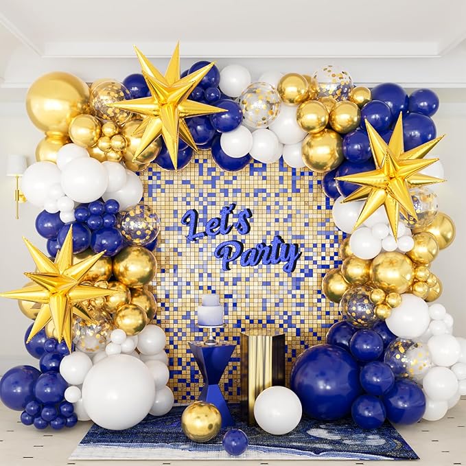 Navy Blue and Gold Balloons Arch Garland Kit with Explosion Star Balloons, 5/10/12/18 inch Navy Blue White and Gold Balloon for Anniversary Wedding New Year Birthday Party Decorations