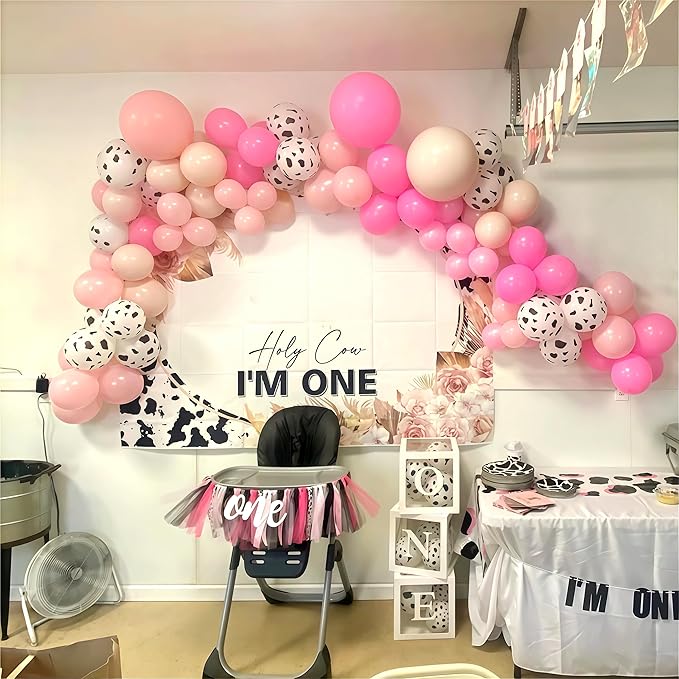 Cow Theme Balloon Arch Garland Kit, Pastel Pearl Pink Gold White Cow Print Latex Balloons Cowgirl First Rodeo Balloon Arch Kit for Girls 1st Rodeo Farm Birthday Baby Shower Party Decorations Supplies