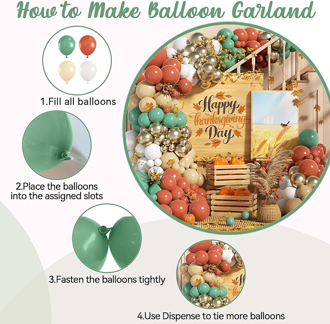 Fall Balloon Garland Arch Kit, Burnt Orange Sage Green White Nude Metallic Gold Balloons Garland Kit for Thanksgiving Autumn Fall Birthday Baby Shower Party Decorations