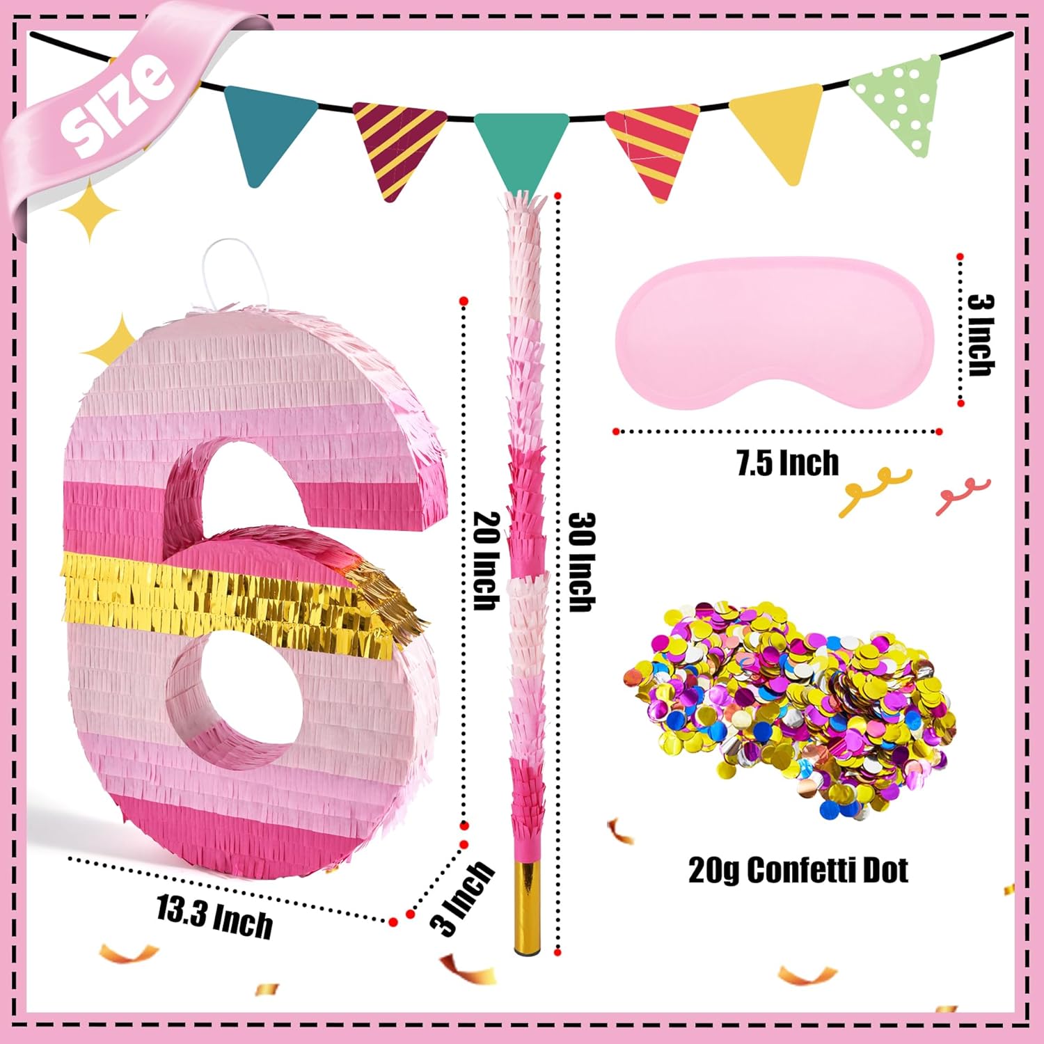 PCFING 20 Inch Number 6 Piñata Pink Gold with 30 Inch Piñata Stick Blindfold Confetti for Boys Girls Adults Birthday Party Decorations, Anniversary Celebration, Fiesta