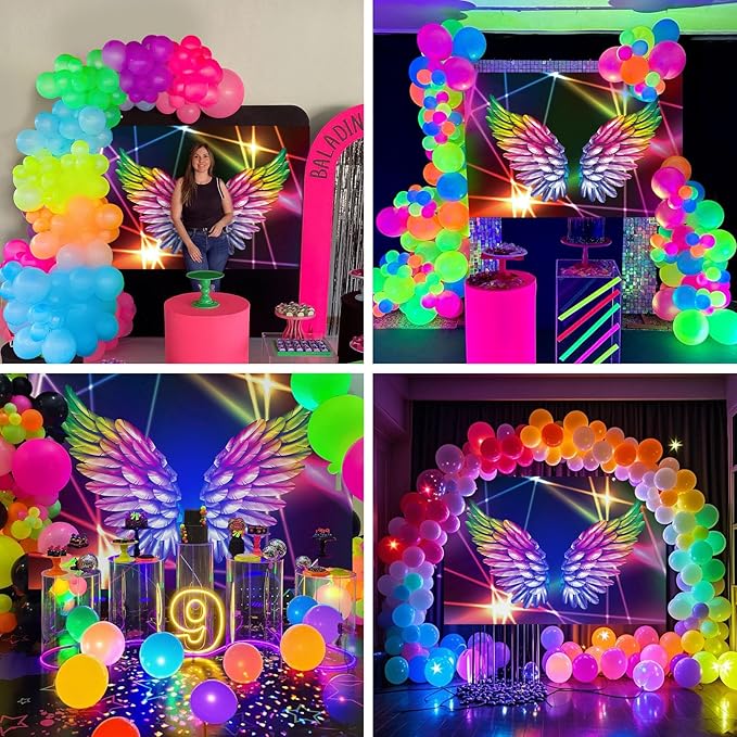 154 Neon Party Decorations Glow in the Dark Birthday Supplies Wings Backdrop Rainbow Balloon Garland Arch Kit Light Luminous Fluorescent Kids Teens Adult 80s 90s Disco Party Decor