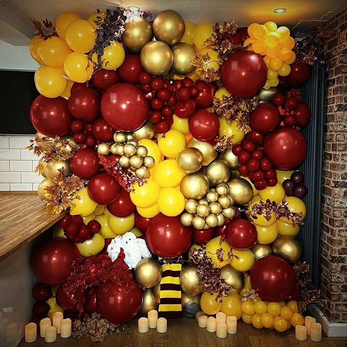 Magic Wizard School Party Decorations, Burgundy Yellow Gold Confetti Harry Magic Fall Balloon Garland Kit, Dark Wine Red Maroon Yellow Potter Balloon Arch for Kid Autumn Birthday Theme Party Supplies
