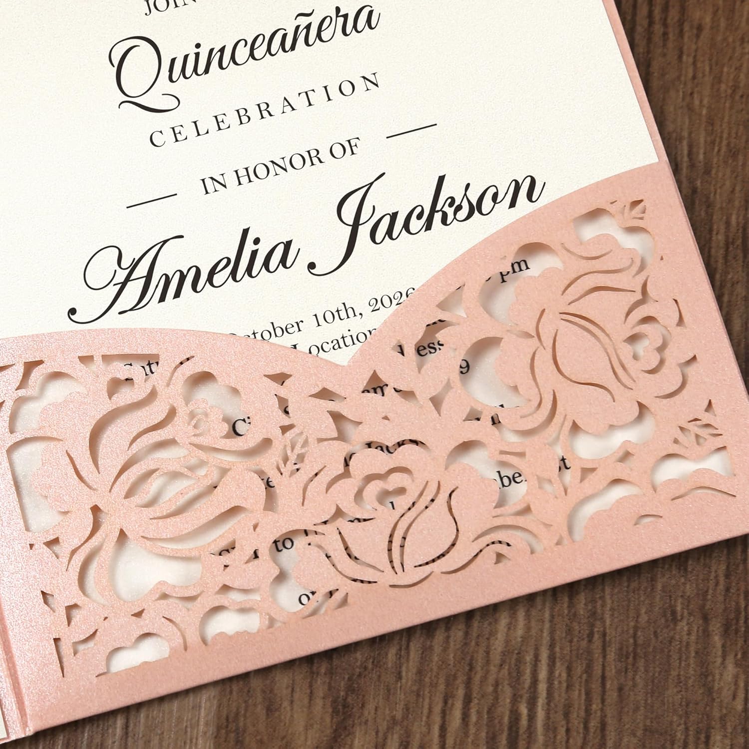 DORIS HOME 50pcs Laser Cut Quinceanera Invitation Pockets with Envelopes Pink, 5.12" x 7.12"Invitation Cards for BirthdayMiss 15, Sweet 16 (No Inserts Included)
