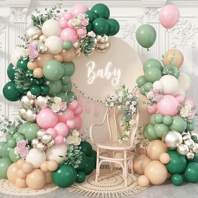 128Pcs Sage Green and Pink Balloon Arch Kit, Pink Green Gold Latex Baby in Bloom Balloon Garland Kit for Girls Floral Fairy Baby Shower Woodland Garden Tea Birthday Camp Bachelorette Party Decorations