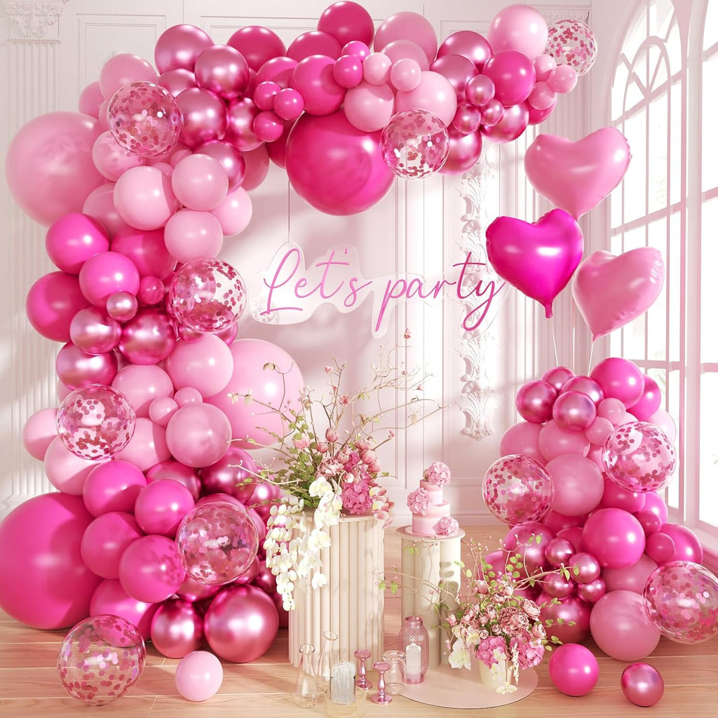 Hot Pink Balloon Garland Arch Kit,150Pcs Baby Pink and Metallic Magenta Balloon Pink Confetti Balloons with Heart Foil Balloons for Girls' Birthday Princess Wedding Baby Shower Party Decorations