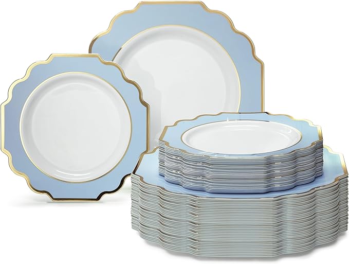 " OCCASIONS " 120 Plates Pack,(60 Guests) Heavyweight Wedding Party Disposable Plastic Plates Set -60 x 10.5'' Dinner + 60 x 8'' Salad/Dessert Plate (Imperial in White/Blue & Gold)