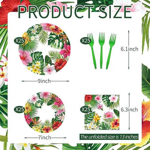 100 Pcs Tropical Luau Party Supplies Set, Serves 25 – Disposable Hibiscus Floral Paper Plates, Napkins, and Forks, Hawaiian Themed Tableware for Summer BBQ, Pool and Beach Aloha Birthday Decorations