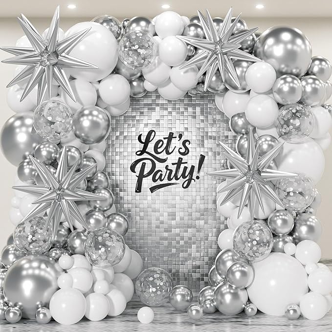 153Pcs White and Silver Balloons Garland Arch Kit with Stars - 22 18 12 10 5 inch Different Size White Metallic Silver Confetti Latex Balloon for Birthday Baby Shower Wedding Party Decorations