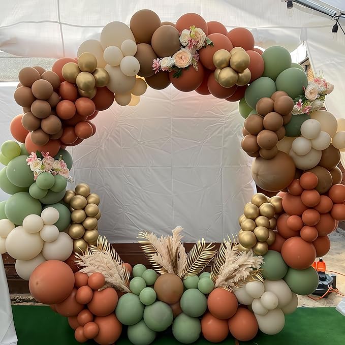 124pcs Fall Balloon Arch Kit, Thanksgiving Garland with Sage Green Burnt Orange Brown Coffee Sand Nude Metallic Gold Balloons for Fall Thanksgiving Autumn Harvest Birthday Party Decorations