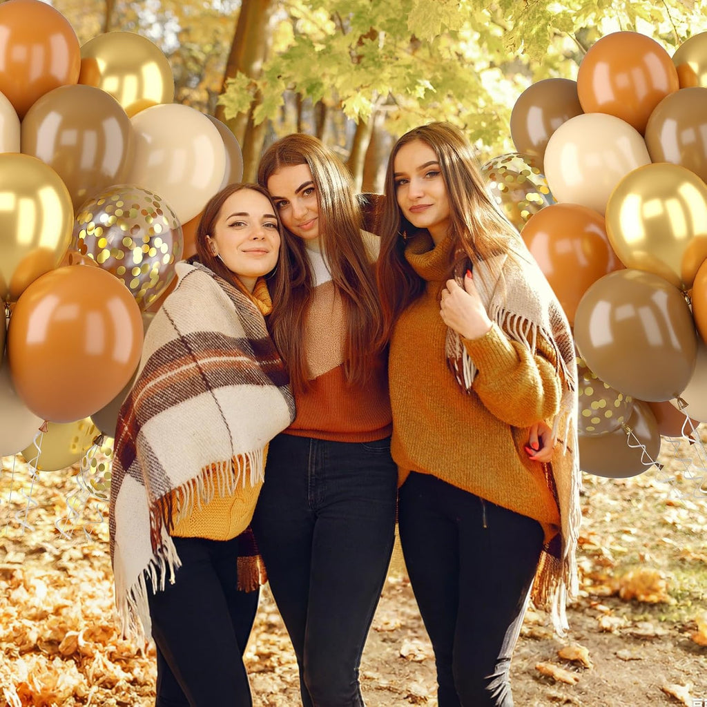 Fall Balloons, 52 PCS Brown Burnt Orange Autumn Balloons with Pumpkin & Maple Leaf Printed Balloon, Brown Sand White Balloon for Thanksgiving Gradution Pumpkin Baby Shower Fall Party Decorations