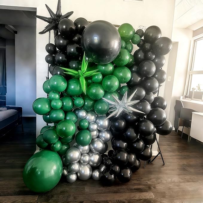 Black and Green Silver Balloon Arch Kit with Explosion Star Balloons, 105pcs Emerald Forst Green and Chrome Metallic Silver Balloons Garland for Wedding Birthday Football Graduation Party Decorations