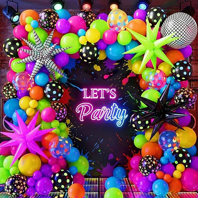 Neon Balloons Arch Garland Kit with Yellow Hot Pink Lime Green Orange Blue Neon Balloons for Back to 80s 90s Disco Birthday Party Decorations, Let's Glow Party, Rock Roll Party Supplies