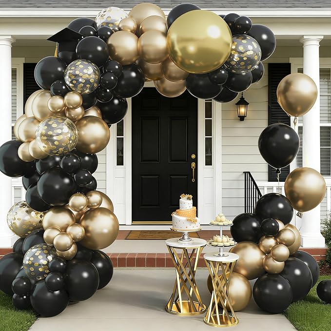 Black and Gold Balloons Garland Arch Kit, 18 12 10 5 Inch Black Metallic Gold Balloon Arch Kit, Champagne Gold Party Decorations with 4D Disco Balloon for Graduation Birthday Retirement New Year