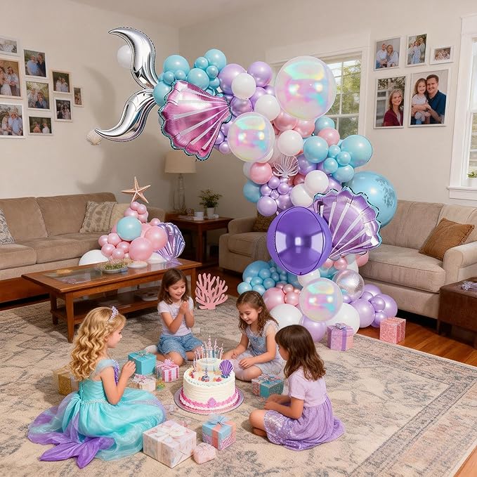 Mermaid Balloon Garland Arch Set, Purple Teal Blue Pink Clear Latex Balloons with 22'' 4D Iridescent Round Foil Balloons, Seashell Foil Balloon for Kids Birthdays Under the Sea Party Pack of 126