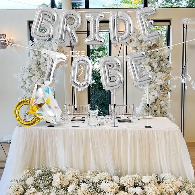 Silver Bachelorette Party Decorations, Bride To Be Bridal Shower Letter Balloons Banner with Engagement Diamond Ring Mylar Foil Balloon for Wedding Photo Booth Hen Night Room Party Decor