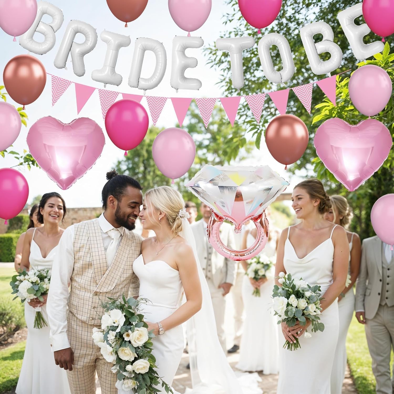 Pink White Bachelorette Party Decorations, White Bride To Be Bridal Shower Balloons Decorations, Hot Pink Rose Gold Balloons with Diamond Ring Cream Heart Balloons for Bachelorette Engagement Wedding