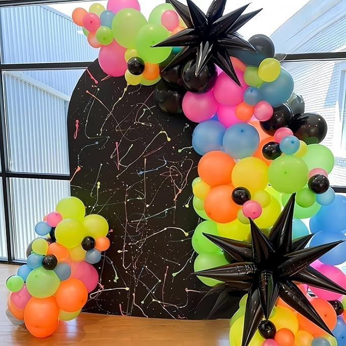 80s 90s Theme Party Decorations, Neon Rainbow Balloon Garland Arch Kit Colorful Balloons with Black Hot Pink Explosion Star Balloon Disco Ball Foil Balloons for Back to 80s 90s Hip Hop Birthday Party