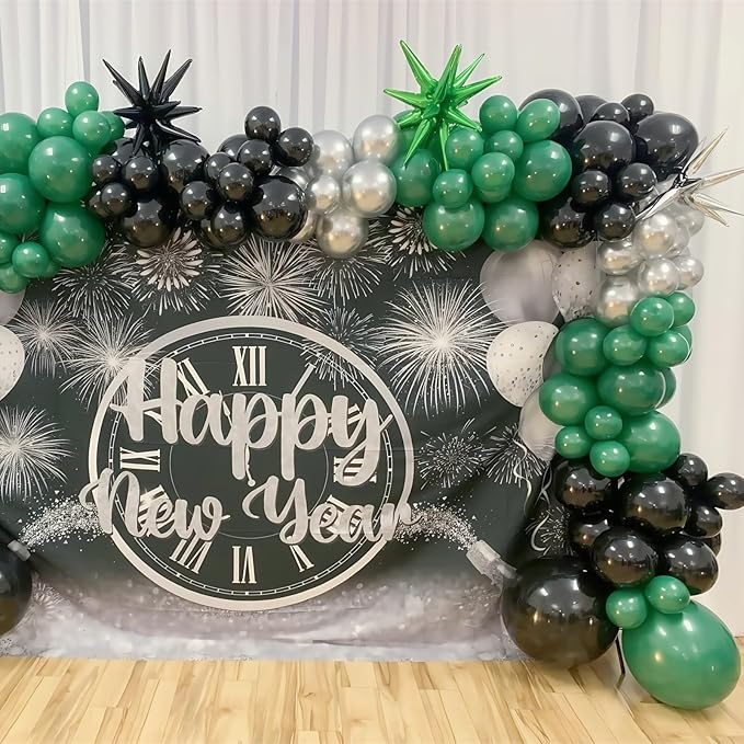 Black and Green Silver Balloon Arch Kit with Explosion Star Balloons, 105pcs Emerald Forst Green and Chrome Metallic Silver Balloons Garland for Wedding Birthday Football Graduation Party Decorations