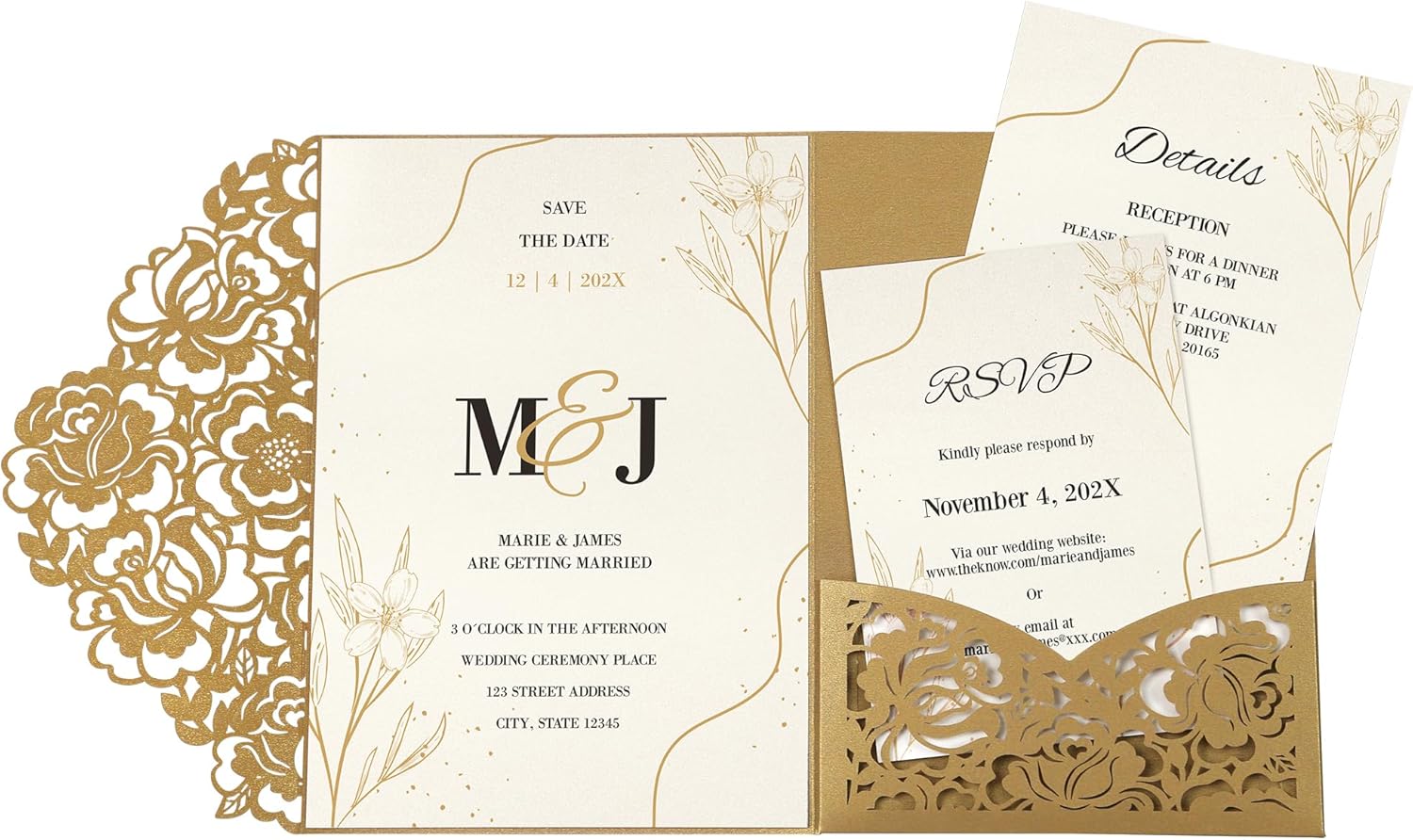 DORIS HOME 50pcs Laser Cut Wedding Invitation Pockets with Envelopes Gold, 5.12" x 7.12"Invitation Cards for Wedding, Anniversary (No Inserts Included)