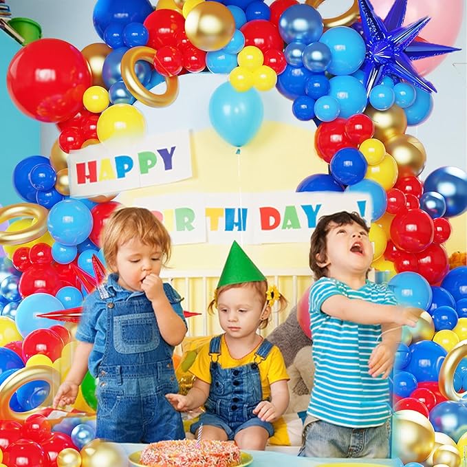 142 Pcs Cartoon Hedgehog Red Blue Yellow Balloon Arch Kit,Gold Circle Twisting Balloons with Exploding Star Foil Balloons for Video Game Theme Birthday Party Carnival Circus Baby Shower Decorations