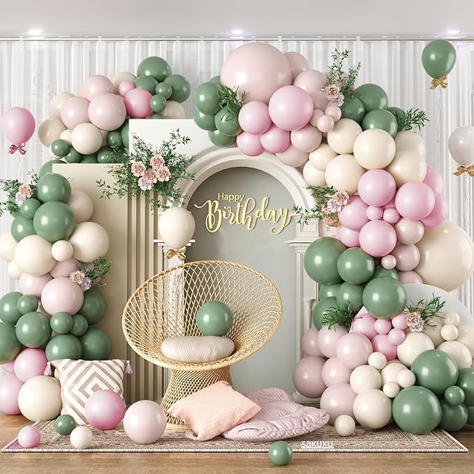 Dusty Pink and Green Balloon Arch Kit, 122Pcs Sage Green Macaron Dusty Pink Ivory White Matte Balloons for Girls Flower Birthday Bridal Wedding Engagement Floral Baby Shower Party Decorations