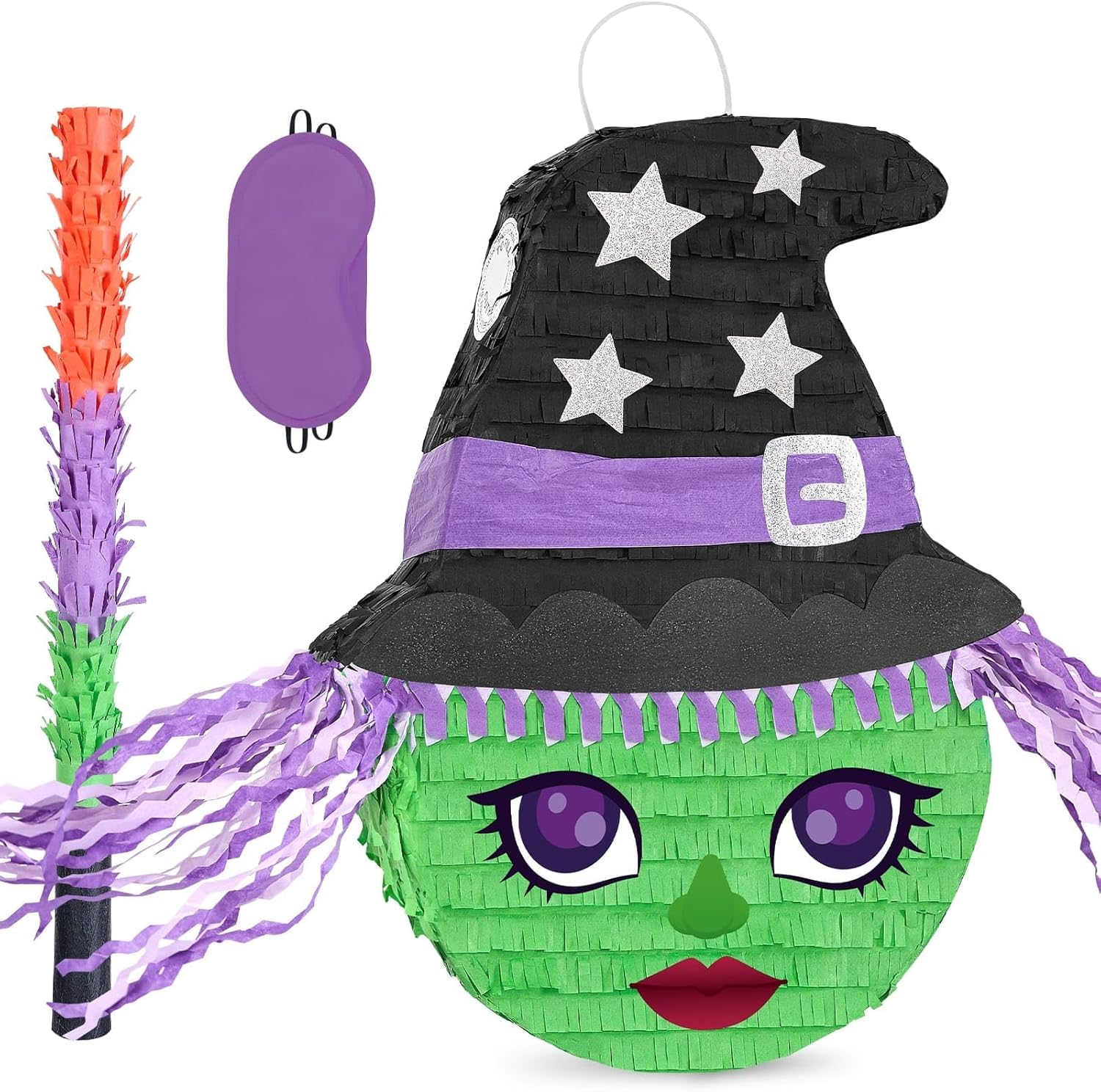 WERNNSAI Halloween Witch Pinata - Green Witch Pinata Halloween Party Games for Kids Costume Party Decor Favor School Scary Game Wizarding World Party Supply with Bat & Blindfold