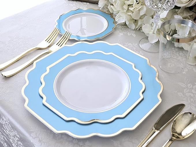 " OCCASIONS " 240 Plates Pack (120 Guests) Heavyweight Wedding Party Disposable Plastic Plates Set -120 x 10.5'' Dinner + 120 x 8'' Salad/Dessert Plate (Imperial Aqua/Gold)
