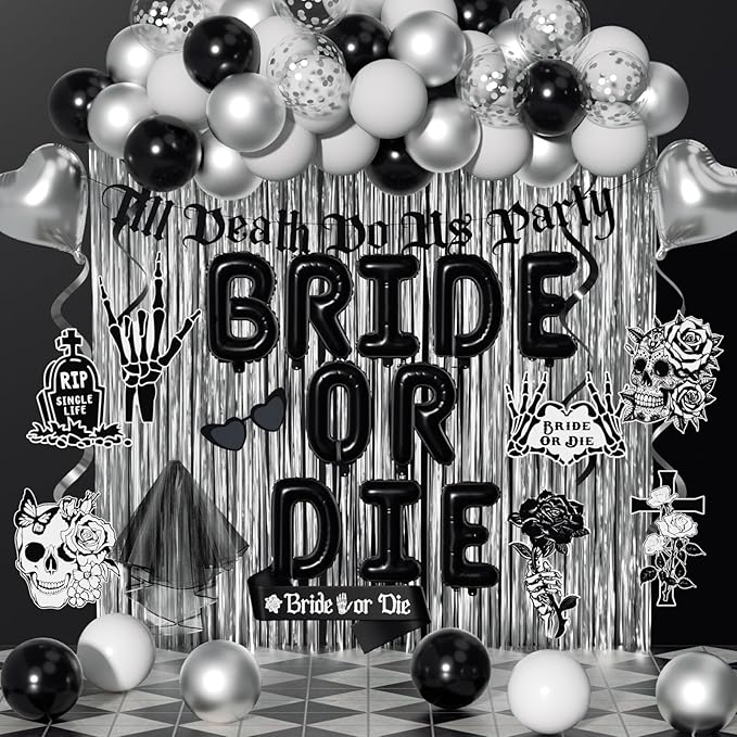 Bride or Die Bachelorette Party Decorations 100pcs with Till Death Do Us Party Banner Balloons, Swirl Fringe Curtains Shoulder Strap Veil for Til Death Do Us Party Bachelorette Party Supplies